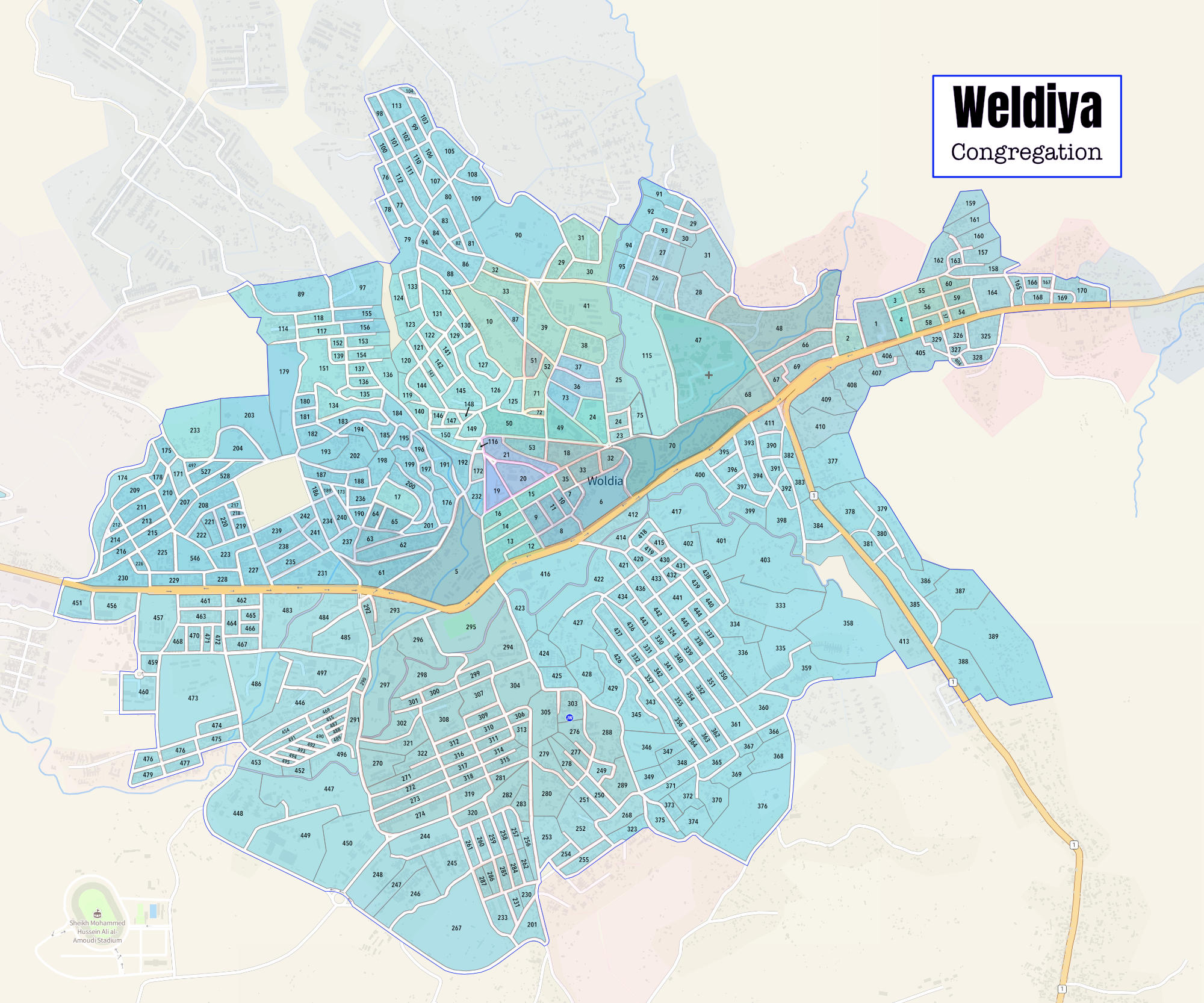 Weldiya Ethiopia Wall map all blue